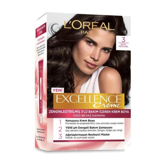 رنگ موی لورال شماره 3 رنگ شاه بلوط تیره loreal excellence رنگ موی لورال شماره 3 رنگ شاه بلوط تیره loreal excellence